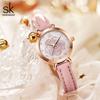 Ceas de mână impermeabil SK pentru femei, culoare roz pudră, cu inserții de diamant pe curea de piele, pentru fete - Design de nișă high-end