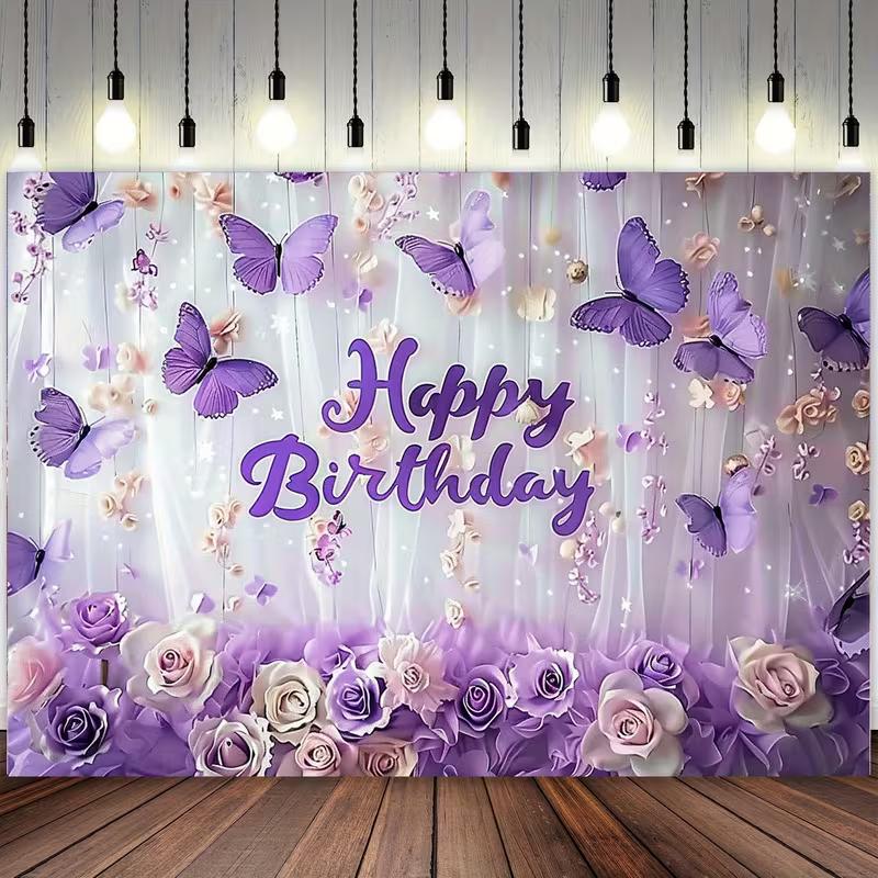 2D Purple Butterfly Happy Birthday Backdrop Banner with Roses & Flowers