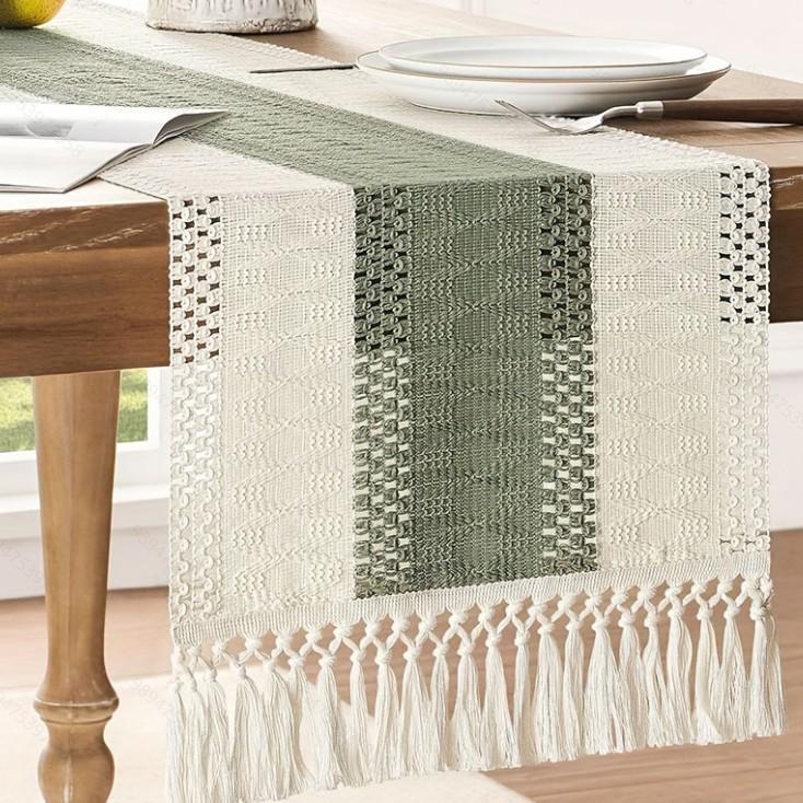 Nordic Light Luxury Cotton Linen Color Block Tassel Table Runner