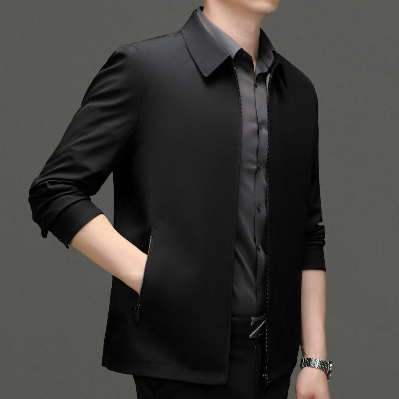 Men's High-end Stand-up Collar Mulberry Silk Jacket Spring and Autumn New Middle-aged Solid Color Casual Thin Jacket Dad Style Men's Clothing