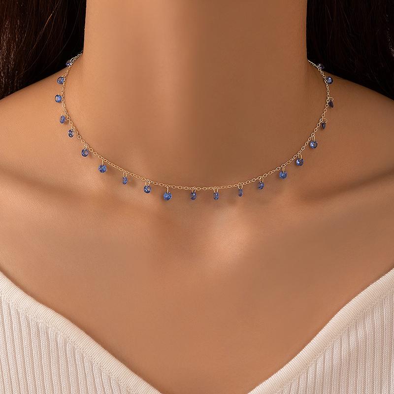 French Retro Colored Zircon Stone Pendant Choker Necklace for Women Fresh Style Versatile Daily Collarbone Short Necklace