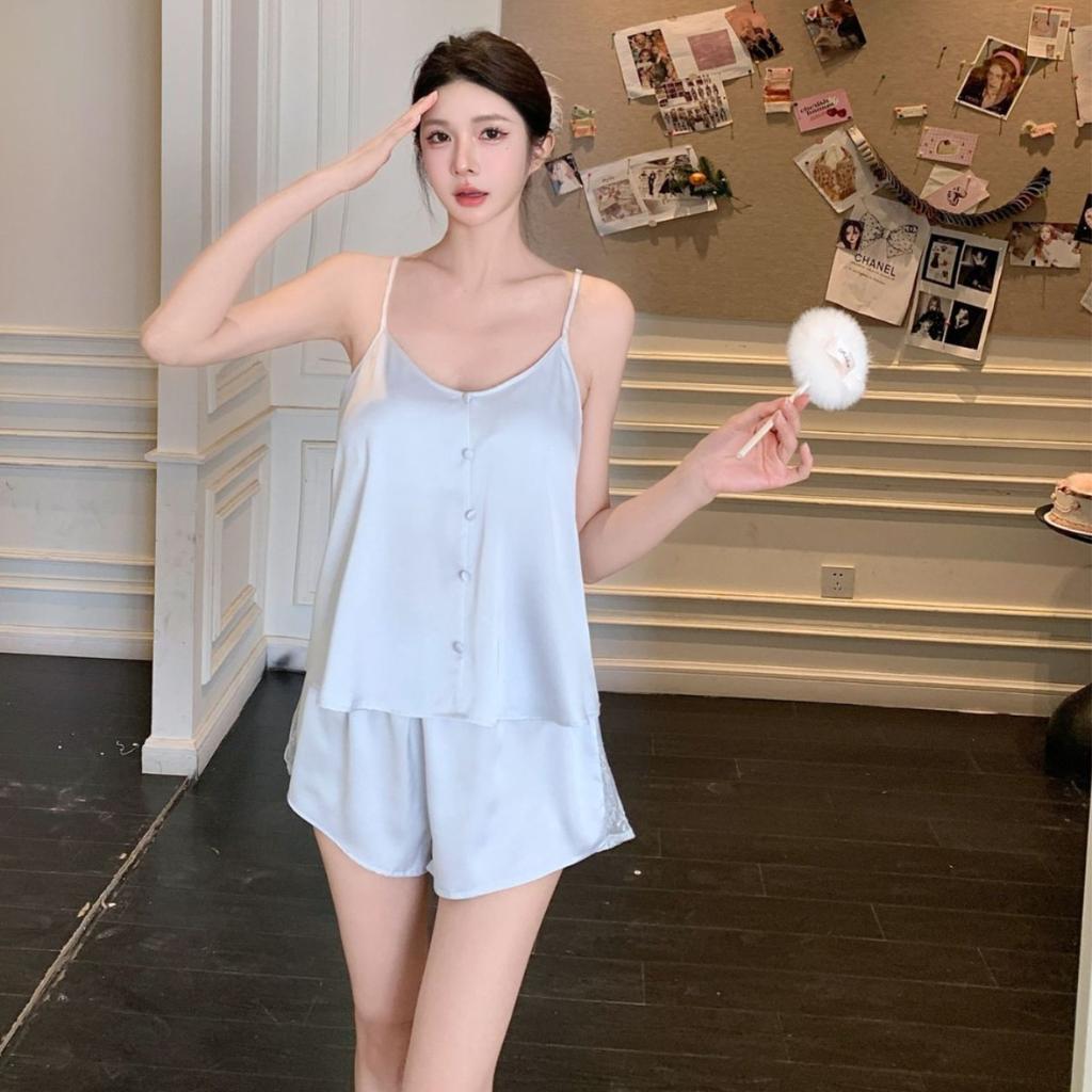 Lace pajamas women's sexy temptation suspender shorts home degree with chest pad ins wind simple pajamas ice silk