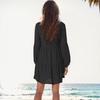 Women Fall Spring Dress V-Neck Single Color Comfortable Fit Patchwork A-line Big Swing Long Lantern Sleeve Soft Pullover Above Knee Mini Dr