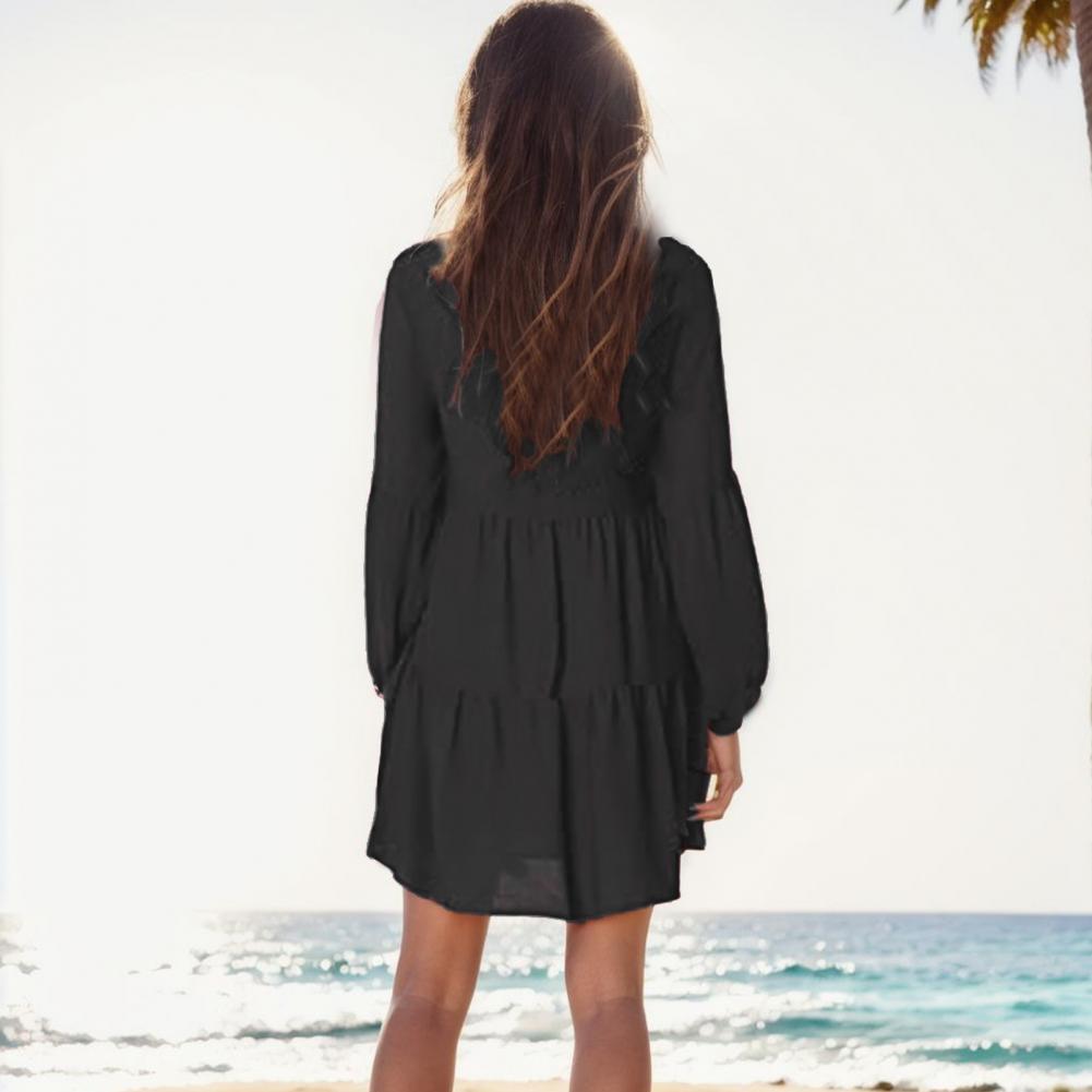 Women Fall Spring Dress V-Neck Single Color Comfortable Fit Patchwork A-line Big Swing Long Lantern Sleeve Soft Pullover Above Knee Mini Dr