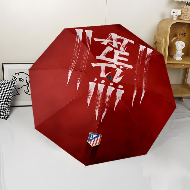 Atlético Madrid logo Print Automatic Umbrella, 8 Rib Iron Frame, Plastic Handle, Suitable for Outdoor Travel &Daily , Ideal Gift