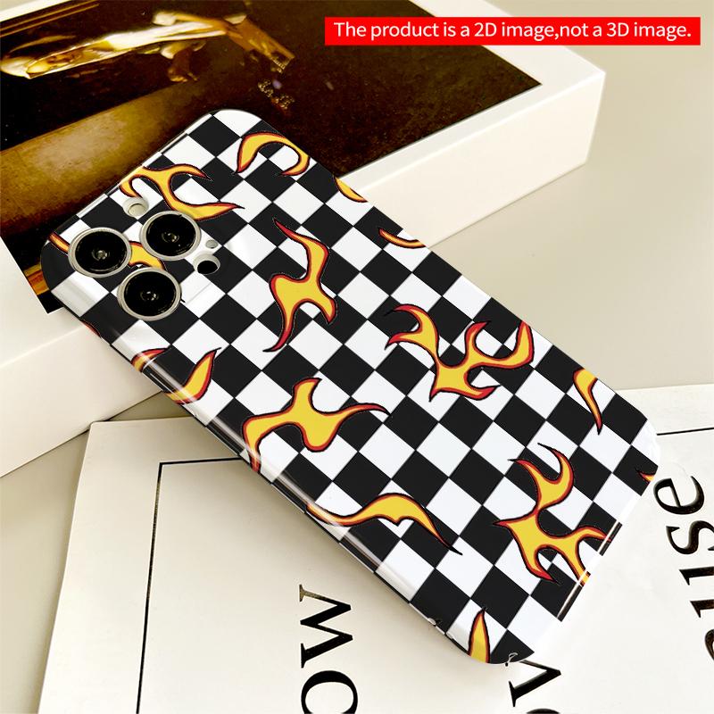 2DFlat Flames on Checkerboard All inclusive film hard iPhone case, compatible with iPhone 18 Pro Max 17 16 15 14 13 12 11