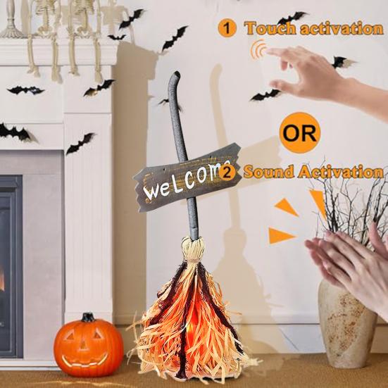 Animated Floating Witch Broom 28" Halloween Magic Dancing Broom Light Up Moving Broomstick with Sound for Haunted House Floor Decor