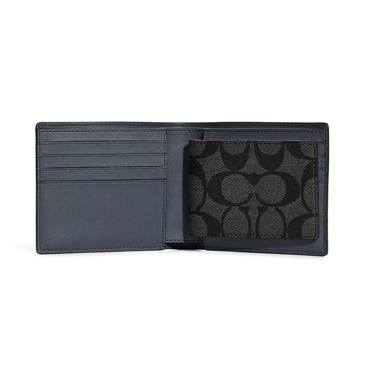New COACH 3 IN 1 Wallet Canvas With Calfskin Card Holder, Wallet Mini Men's Black & Denim Blue C8297-QBTU9
