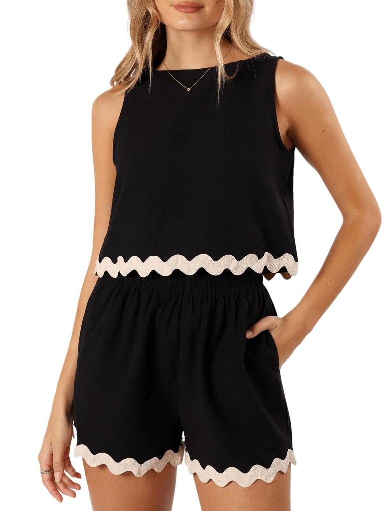 Women's Sleeveless Romper Shorts Set with Wave Hem in 6 Colors
