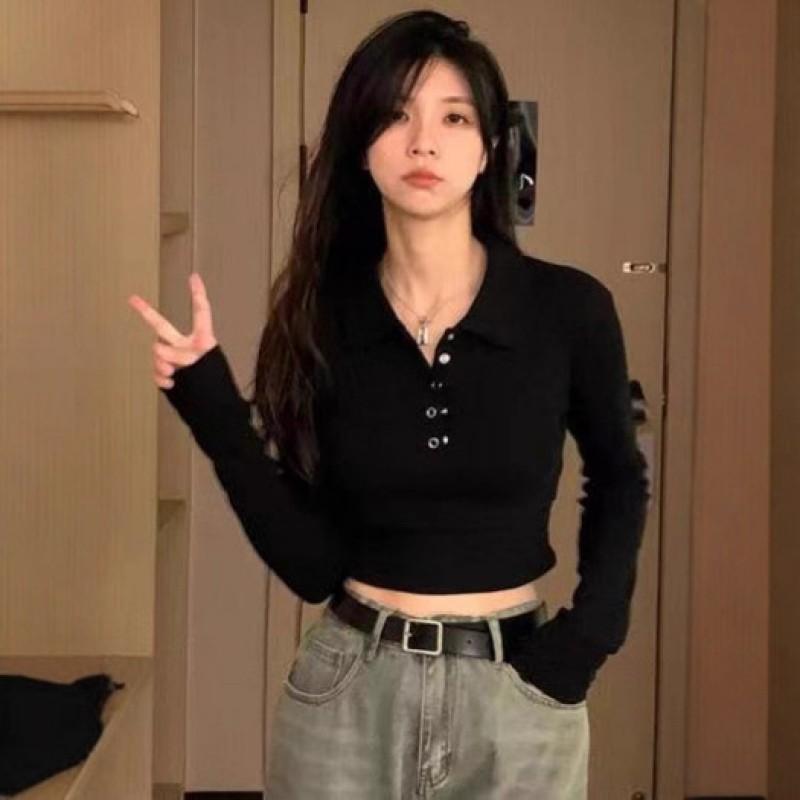 Pure Desire Sexy Slim Fit Polo Neck Long Sleeve T-Shirt Short Top Women