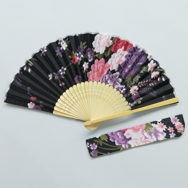 Vintage Folding Hand Fan with Bag Bamboo Fabric Fans for Women Dance Gift Music Festival Performances Wedding Decoration