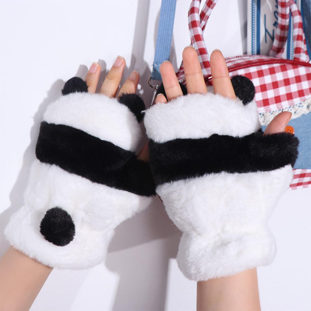 Fleece-lined Half Finger Gloves  Winter Velvet Mittens Cute Panda Plush Gloves  Riding