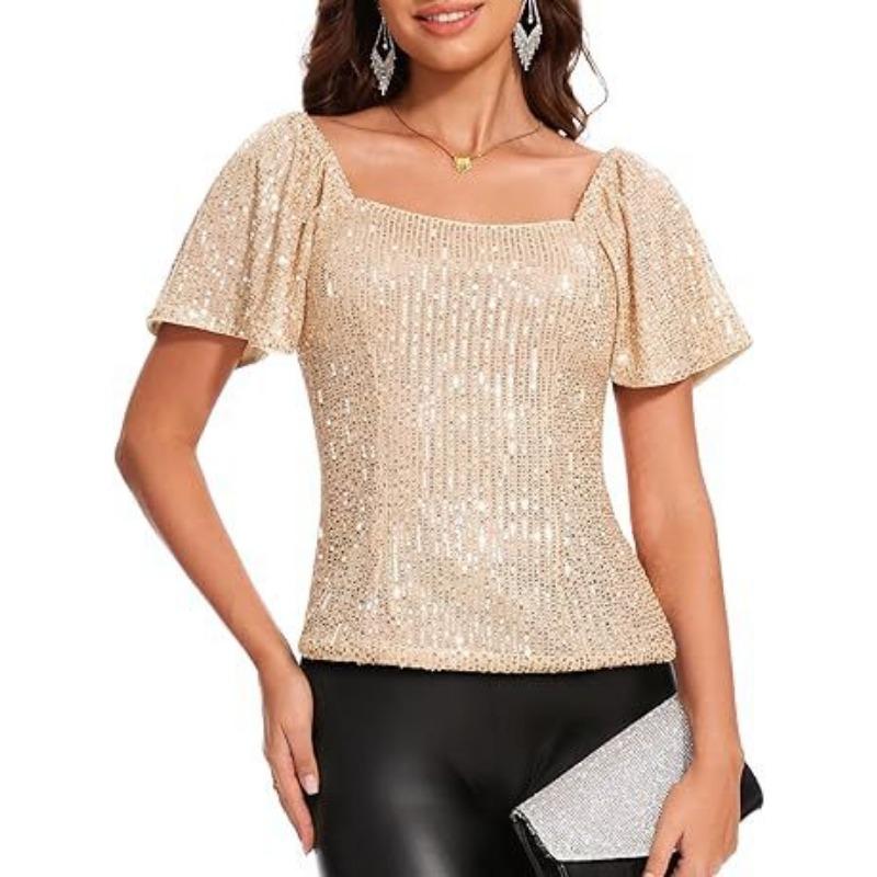 Summer New Women's Square Neck Fashion Short Sleeve Sequined Puff Sleeve Shirt