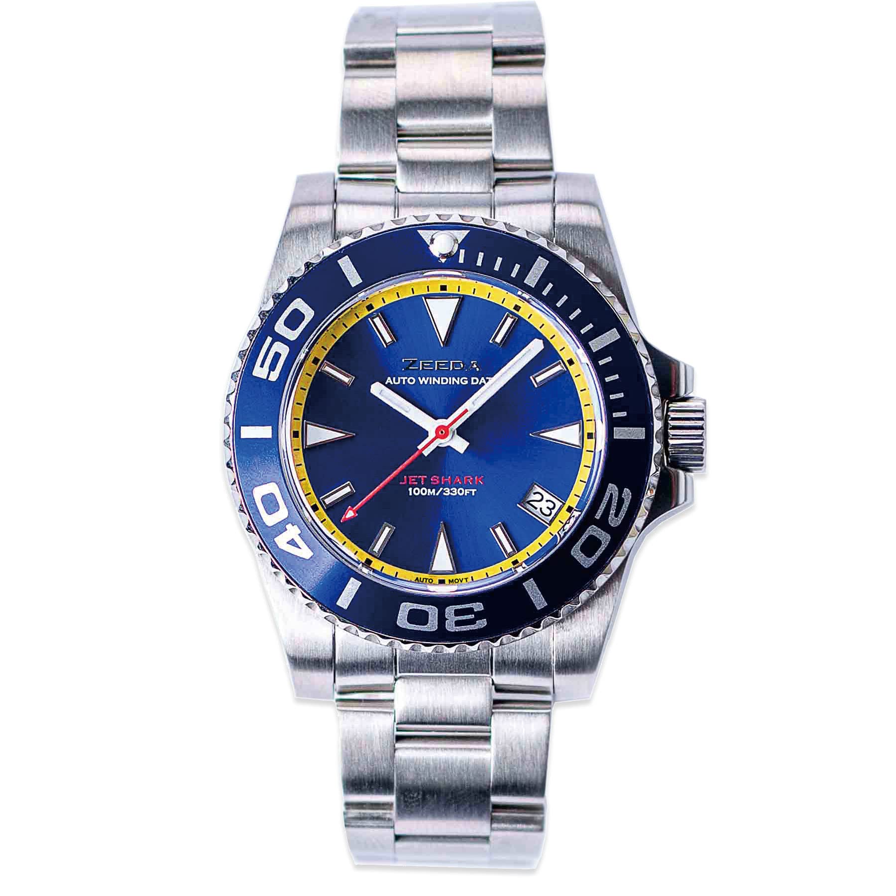 

ZEEDA и Автоматические механические часы с сапфировым стеклом Водонепроницаемость до 10 АТМ Нержавеющая сталь Дата Вращающийся в одном направлении JET SHARK BLU Мужские Женские синий