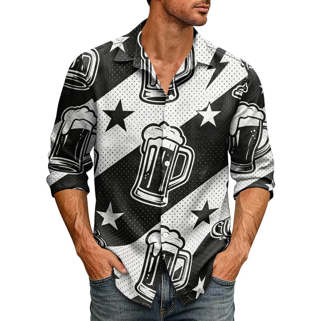 Men Loose Fit Lapel Collar Long Sleeve Shirt Vintage Style Casual Button Down Top with Graphic Print for Daily Wear and Outdoor Activities