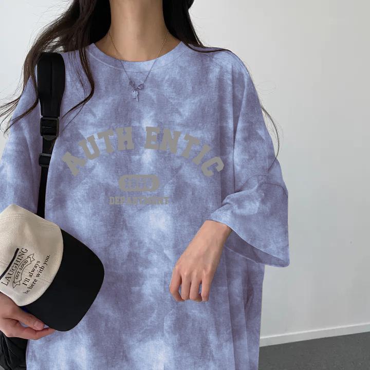Summer 2024 Tie-Dye Short-Sleeve T-Shirt Dress: Women's Korean-Style Fashionable Print, Loose, Casual Mid-Length 