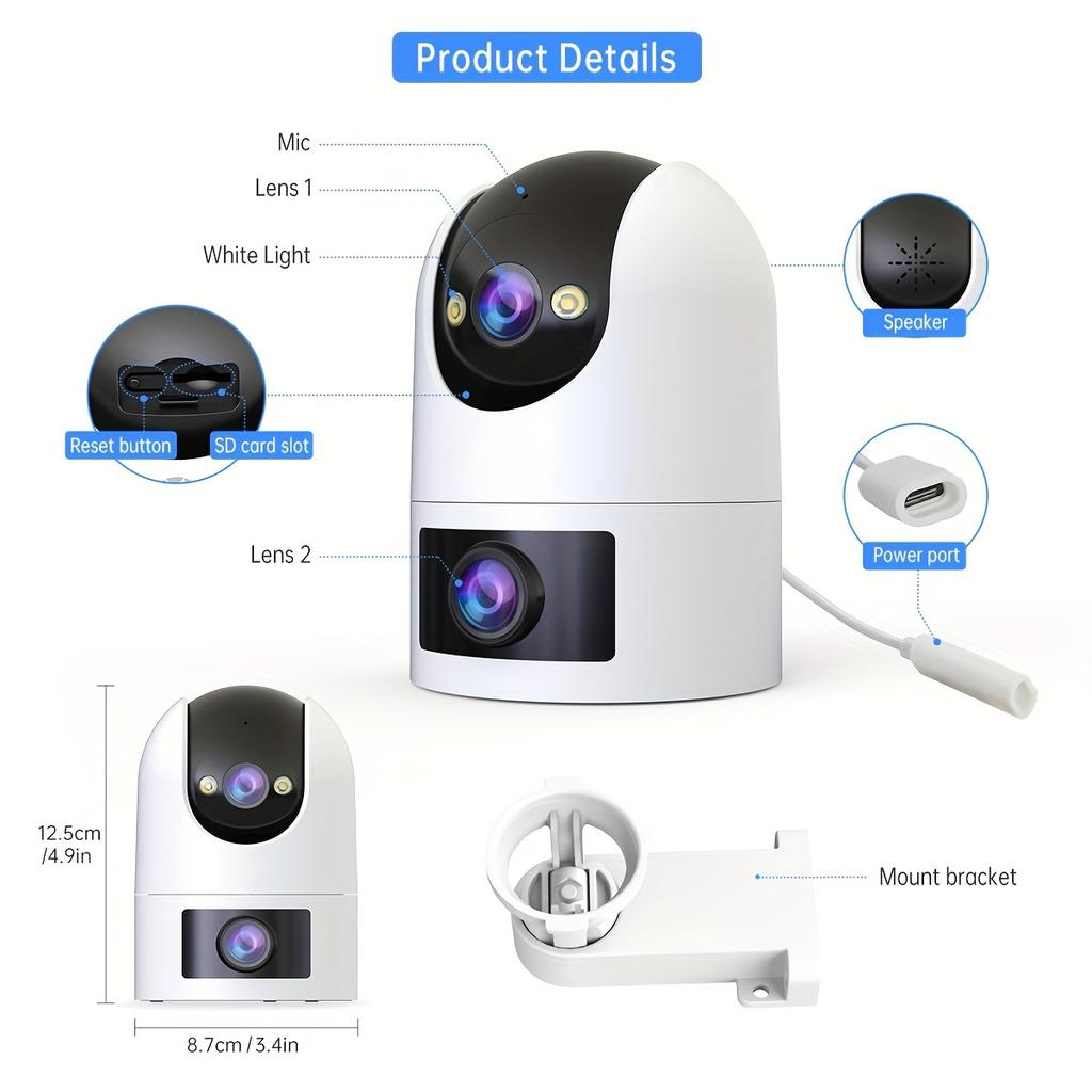 4K Outdoor Dual Lens PTZ WiFi Camera, 5G Compatible, Wall Mount, 1296p Video, Two-way Audio, High Definition Resolution, Audio and Sports Police