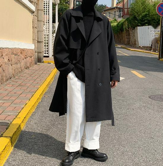Men's Double-Breasted Mid-Length Windbreaker – Casual Trendy Solid Color Hong Kong Style Outerwear