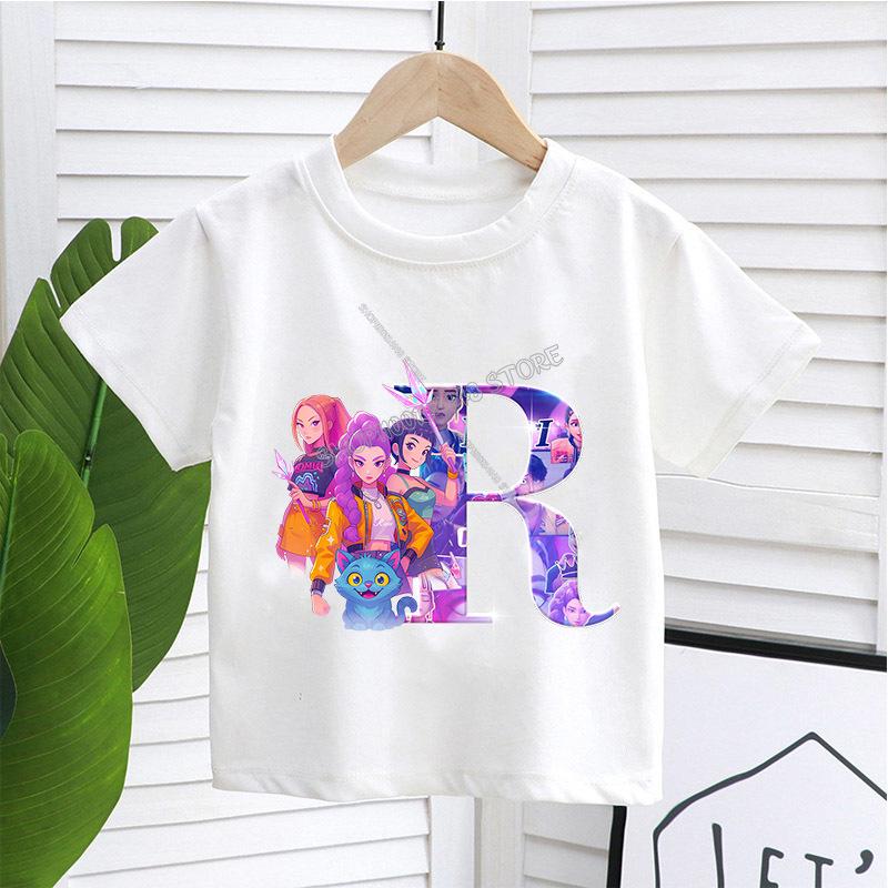 KPop Demon Hunters White T-shirt for Children A-Z Letters Tee Top Cartoon Round Collar Clothes Kids Short Sleeve Clothing Gift