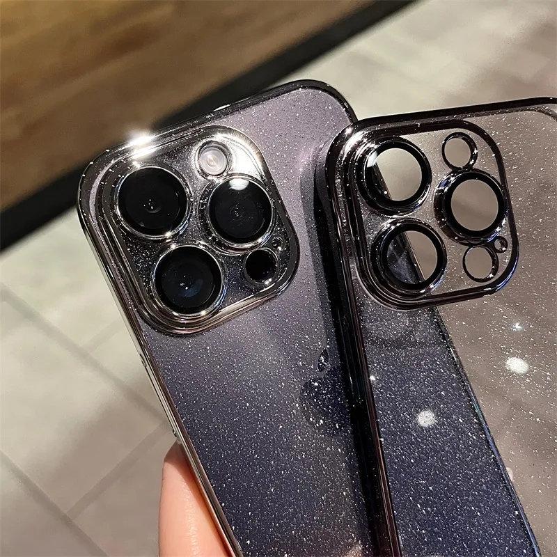 Luxury Plating Bling Glitter Bumper Clear Case For iPhone 16 15 14 13 12 11 Pro Max Shockproof Hard PC with Lens Protector Cover Funda