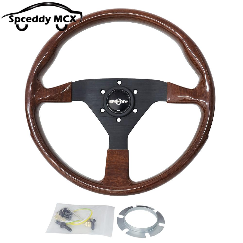 Spceddy 14inch 350mm Wood Grain Look Racing Sports Steering Wheel Flat Universal Steering Wheel