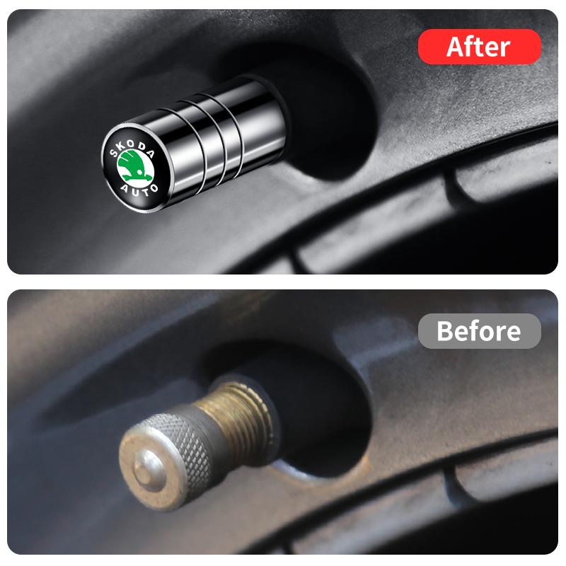 2025 New 4Pcs Car Logo Wheel Tire Valve Air Valve Stem Caps For Skoda Octavia Fabia Kamiq Kapoq Kodiaq Rapid SCALA Superb A5 A7