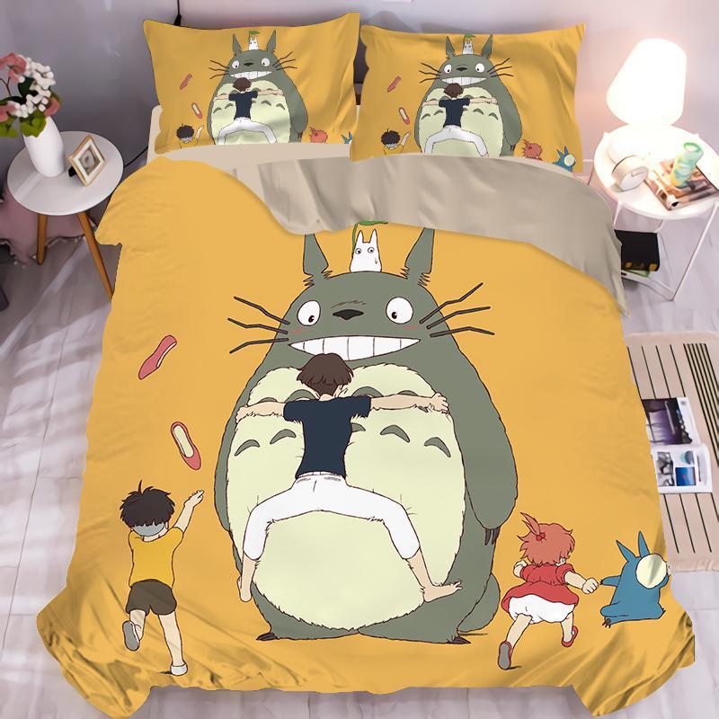 Squisito Set Biancheria da Letto con Stampa Cartone Animato Copripiumino Il Mio Vicino Totoro Set Biancheria da Letto Piumone Letto Giovani Decorazioni per la Casa Bambini Ragazzi Ragazze
