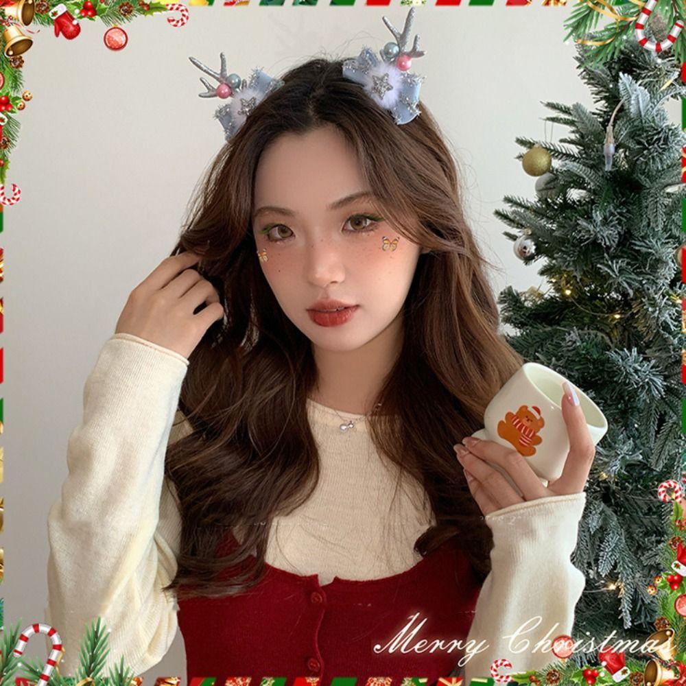 Sequin Christmas Elk Hairpin Bowknot Christmas Hat Headabnd Children Deer Antler Hair Clip  Girls