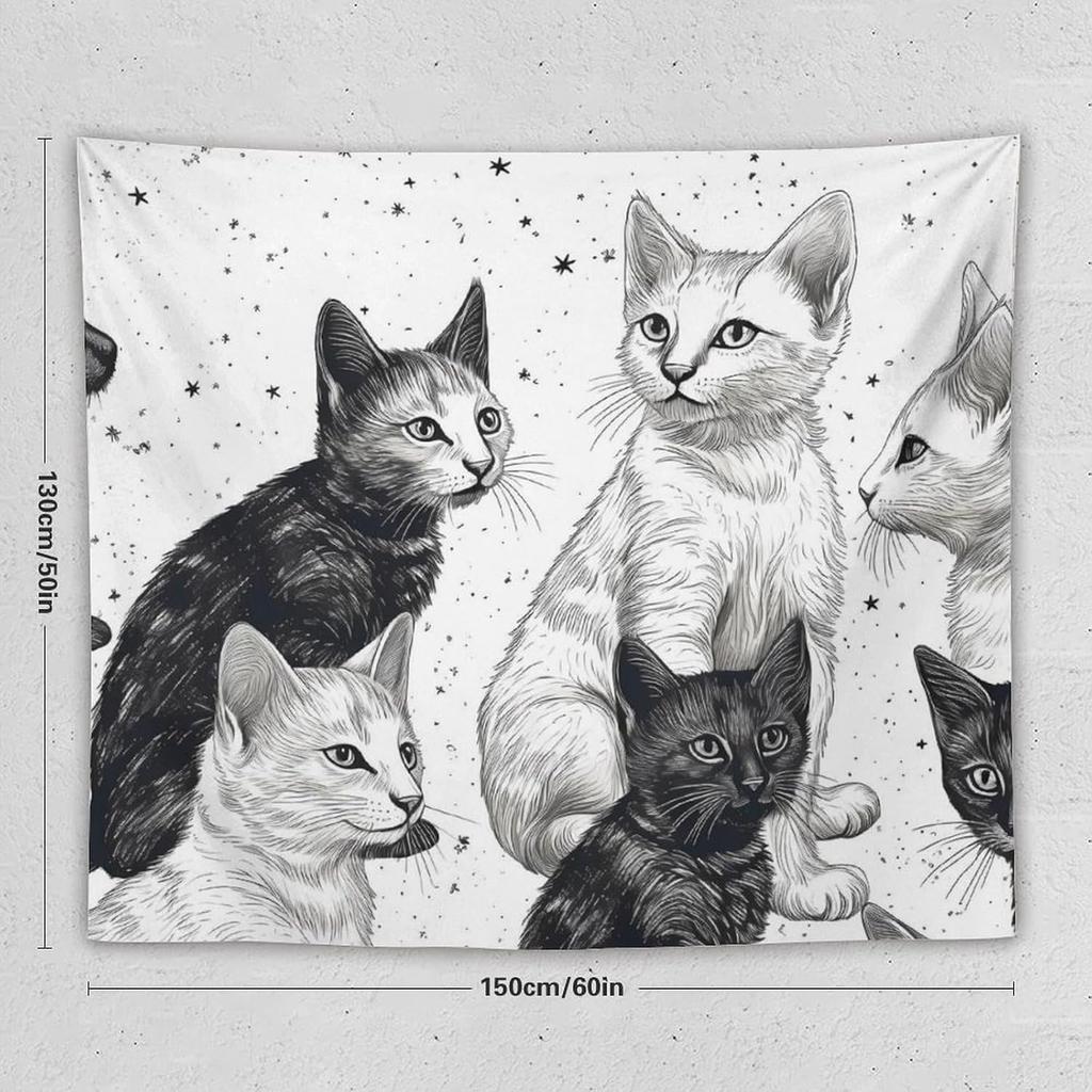 Wall Hanging Black And White Kitten Tapestry for Bedroom Vintage Tapestries Porch Hanging Background Wall Poster for Living Room