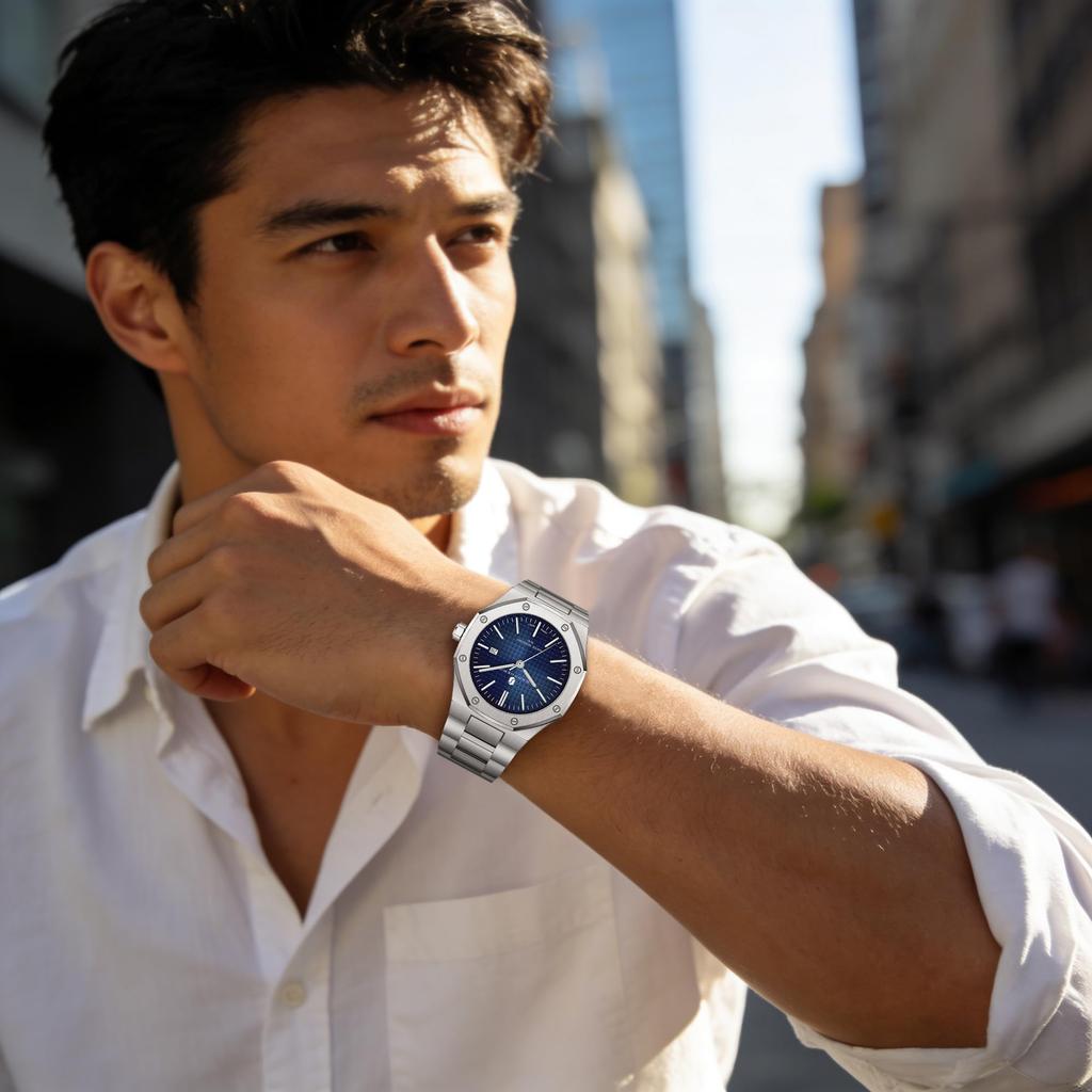 SAPPHERO Chronograph Stainless 50M Water Date Gift Idea Men's Watch, Steel, Resistant, Stylish, Business, Quartz, Analog, Display, Silver/Blue,