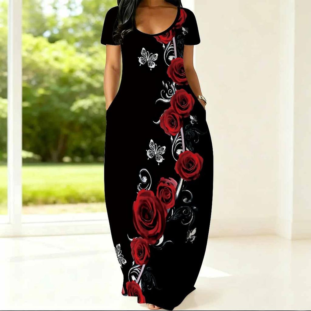 Women Loose Fitting Round Neck Dress Short Sleeve Plus Size Apparel For Summer Casual Daily Activities