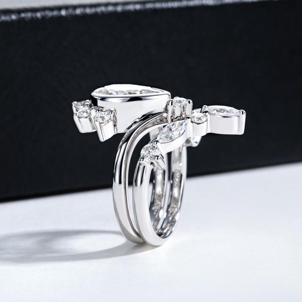 925 Sterling Silver 3 Carat Moissanite V-Shaped Engagement Ring Set, Light Luxury Women’s Wedding Band.