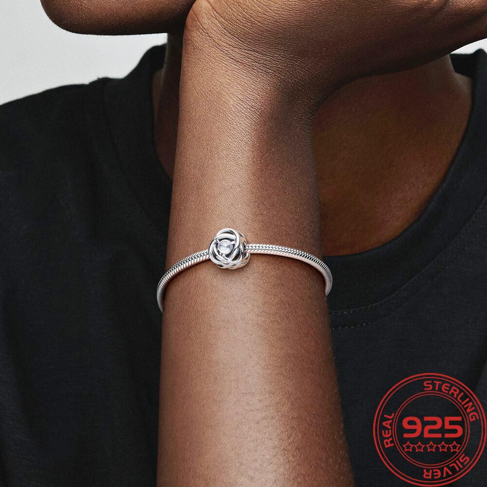 New S925 Sterling Silver Charm Fit Fashion Bracelet March Birthstone Openwork Eternity Circle Charm DIY Memory Day Jewelry Gift