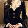 Elegant Retro Black Velvet Ruffle Dress - Autumn/Winter