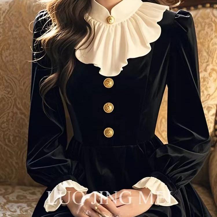 Elegant Retro Black Velvet Ruffle Dress - Autumn/Winter