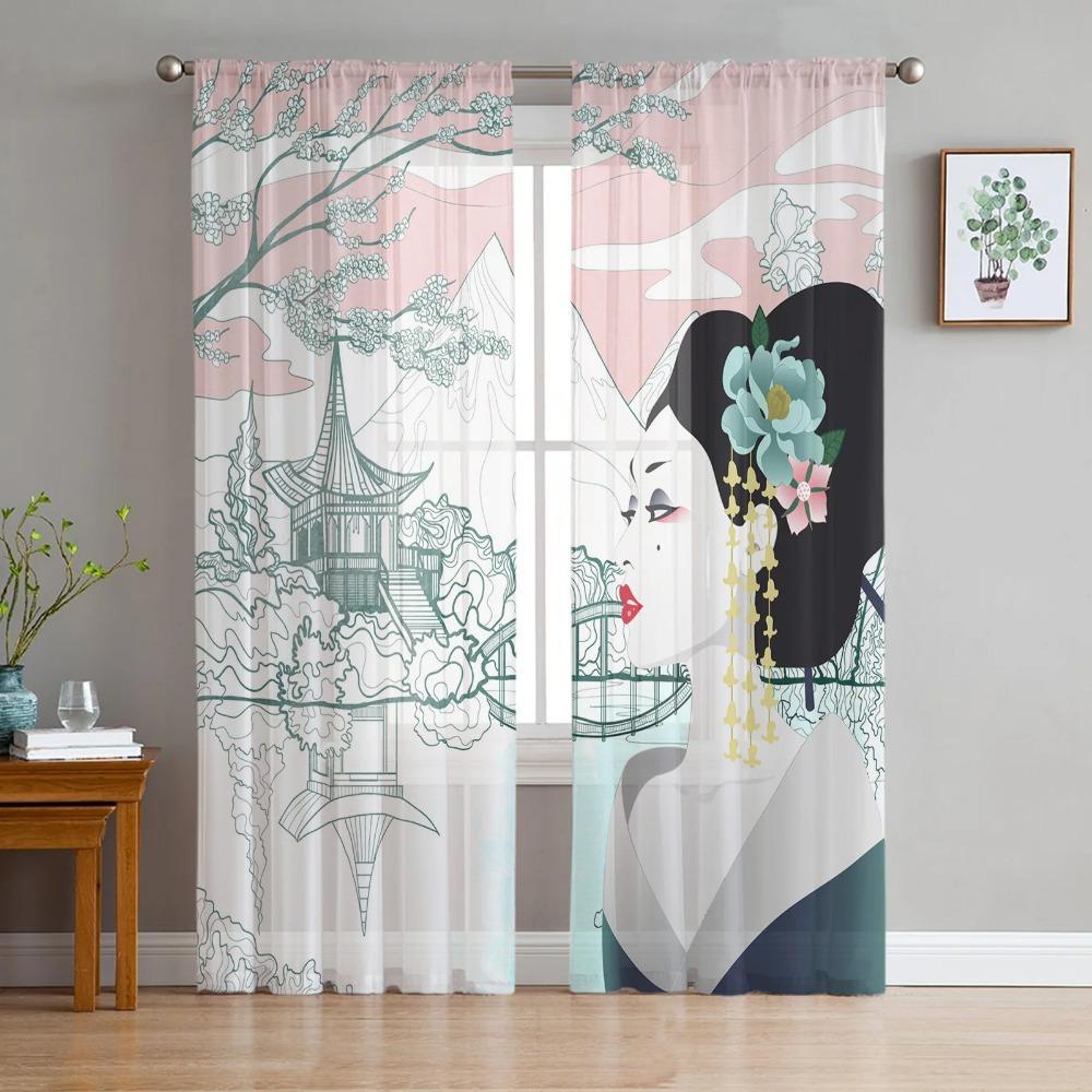 Kimono Japanese Female Geisha Curtain For Living Room Transparent Tulle Curtains Window Sheer For The Bedroom Accessories Decor