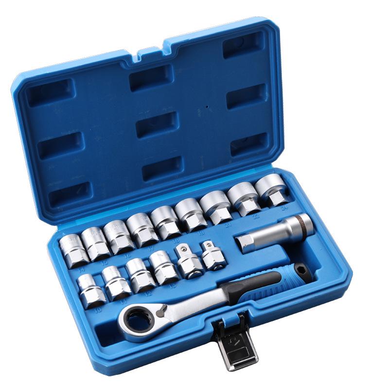 17-Piece Ratchet Socket Set with Bi-Directional Wrench, 12-Point Sockets, Bit Holder, Extension Bar, and Joint Tool.