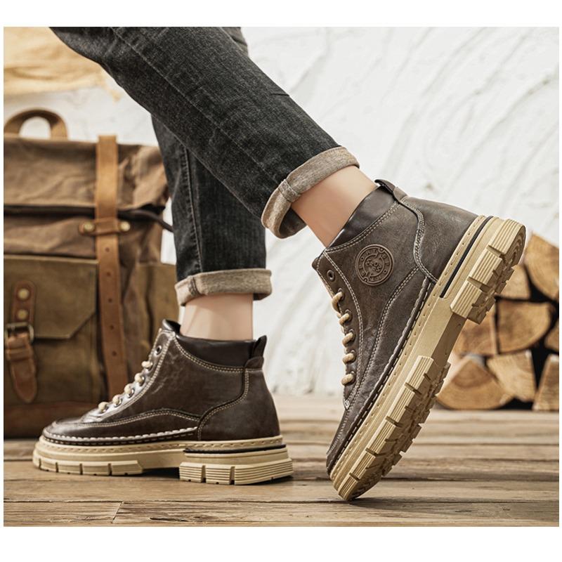 Men's High-top British Style Vintage Genuine Leather Casual Leather Shoes, Mid-top Waterproof Work Boots.