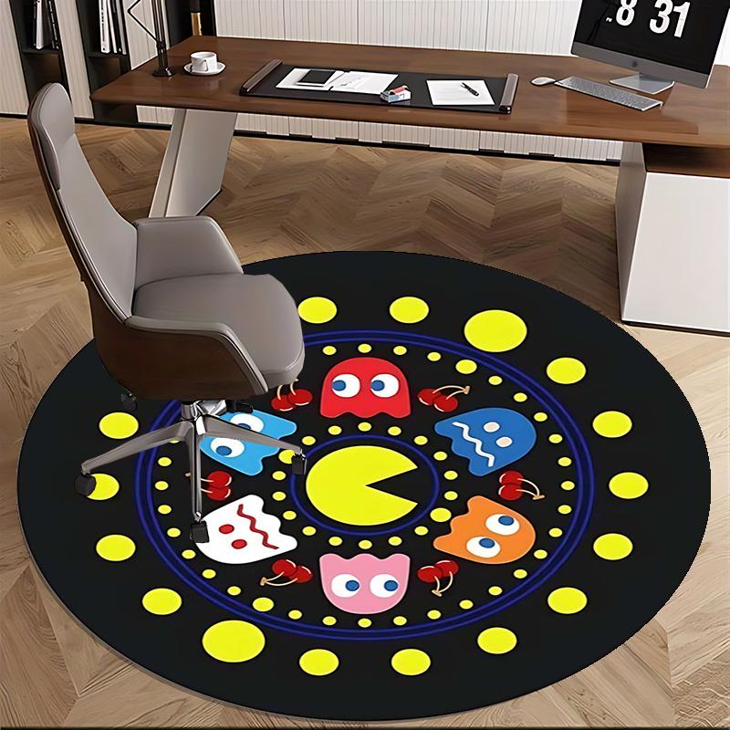 Pac Man Karakters, Retro Gaming Art Stoelmat Ronde Vloerkleed Kantoorvloerkleed, Machine Wasbaar, Antislip, Geschikt voor Woonkamers, Slaapkamers