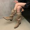 Retro Pleated Belt Buckle Women High top Fashion Thick Heels Pointed Toe Autumn Winter Slip on Long Botas Para Mujer