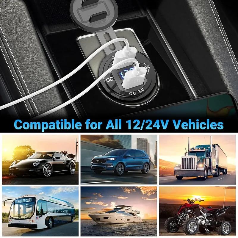 USB Car Fast Charger Socket Dual Qc3.0 Quicker Charger Adapter with Switch for 12-24v Marine Motorcycle Truck