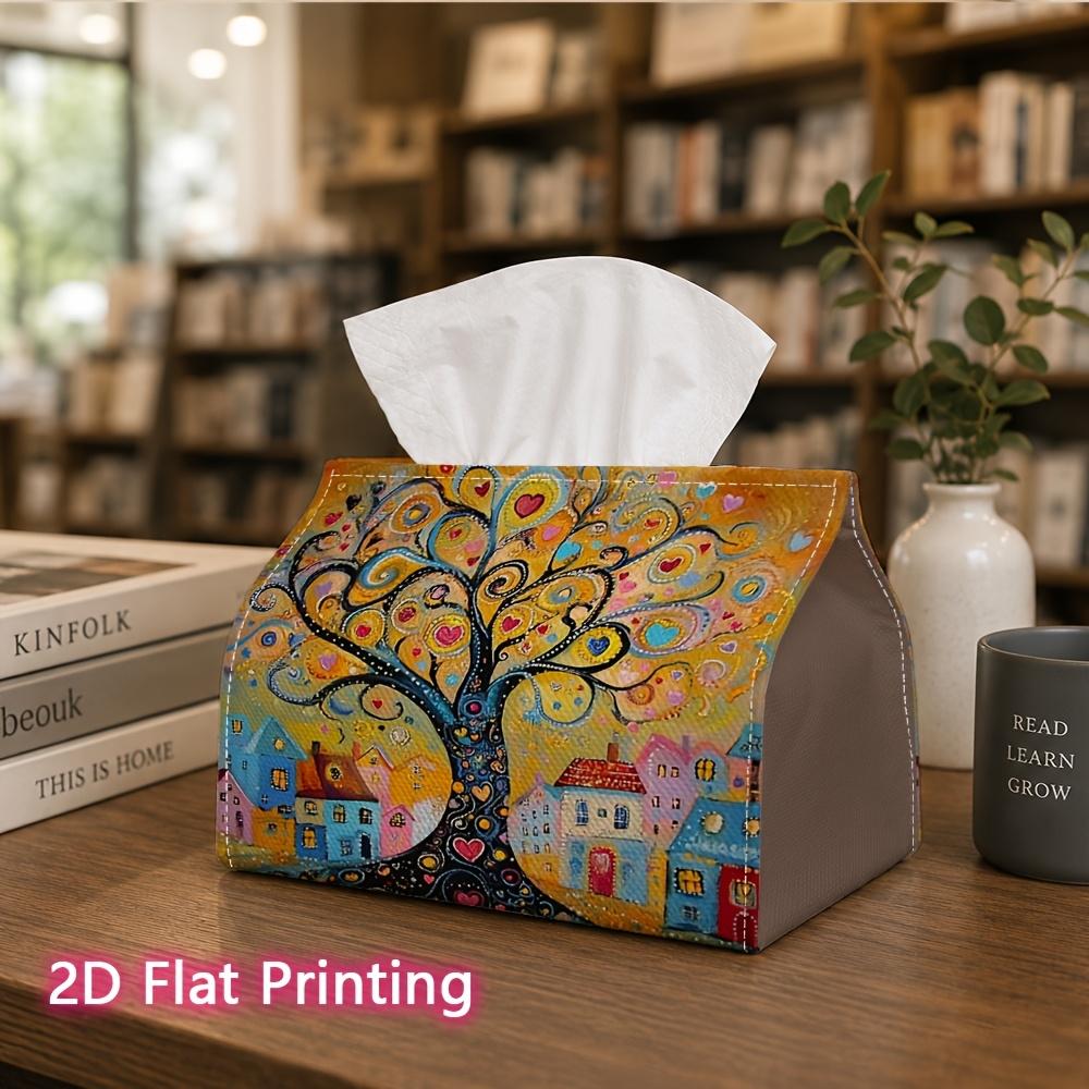 1pc, 2d Flat Printing, Tissue Box Colorful Tree and House Patterns Printed Tissue Box, Suitable for Vacation Home Decoration, Kitchen, Living Room, Ca