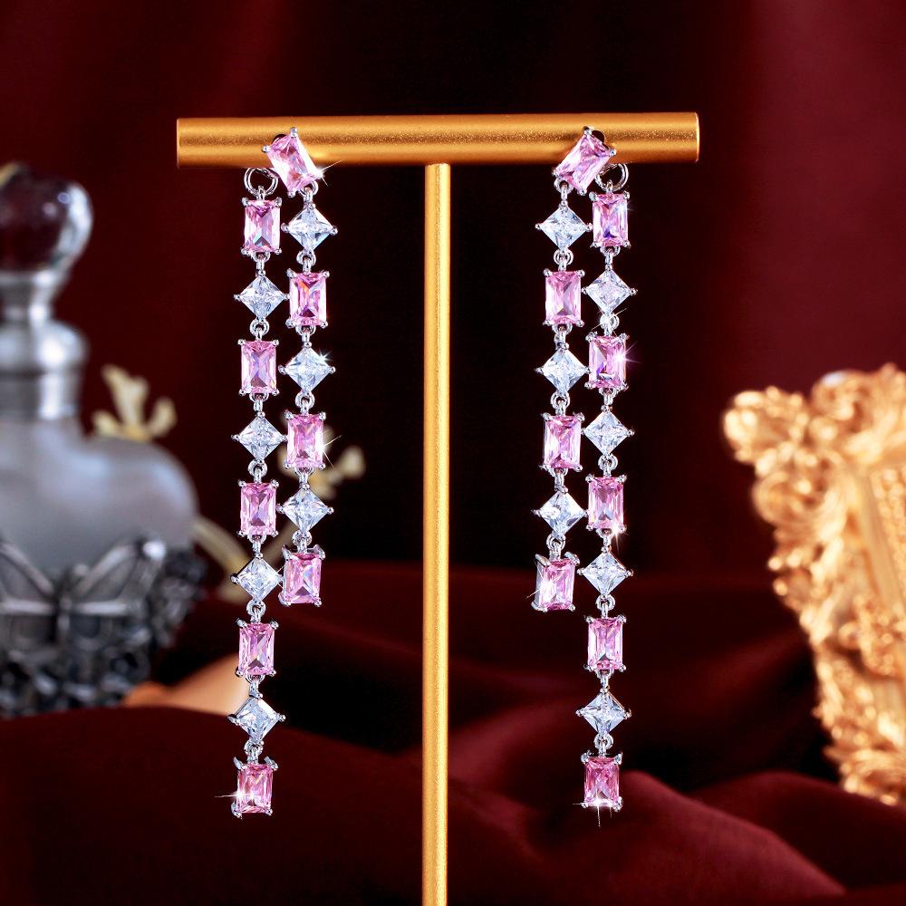 Removable Two Wear Sweet Super Fairy Zircon Earrings To Modify The Face Shape And Show Thin Sugar Cube Pink Diamond Fringed Earrings Earrings.