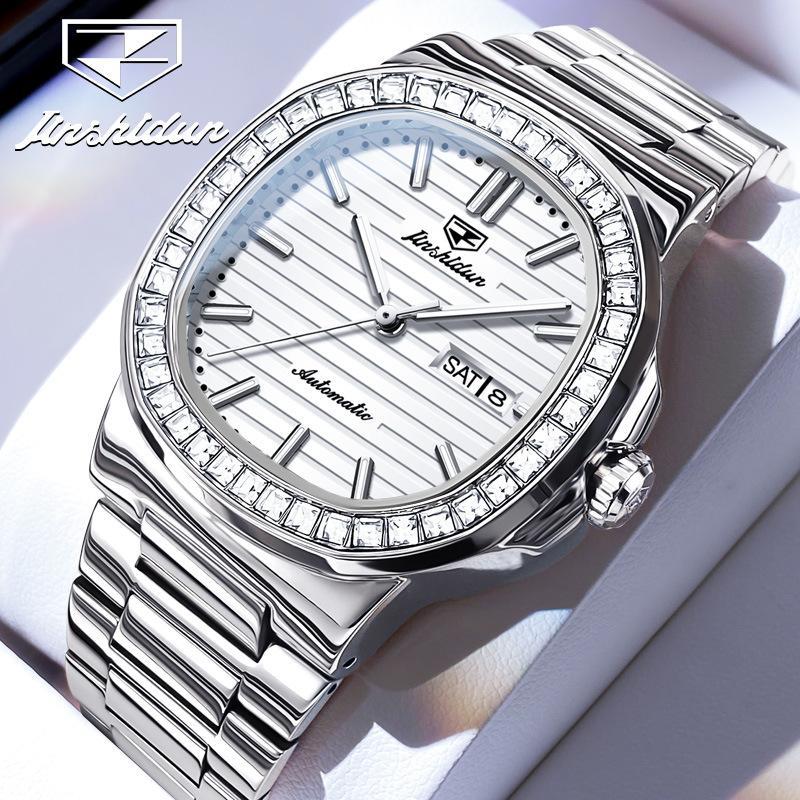 Montre pour homme JINSHIDUN avec montre mécanique automatique à relief horizontal incrustée de diamants