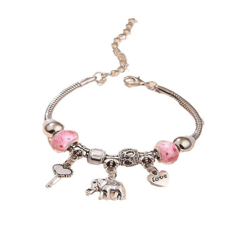 Handmade Beaded Bracelet with Elephant and Heart Key Pendant Featuring Crystal Heart Charms