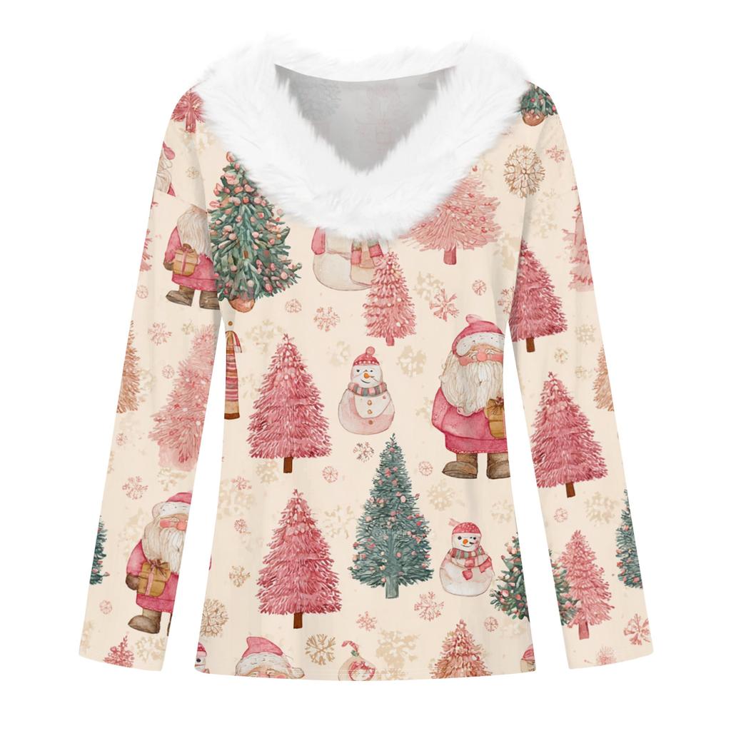 Langermede skjorter for kvinner Søte topper juletrykk T-skjorter Bluser Uformell Pluss størrelse Basic Topper Pullover