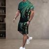 Men s Plus Size Green Black Printed Round Neck Short Sleeve Top And Drawstring Shorts Set