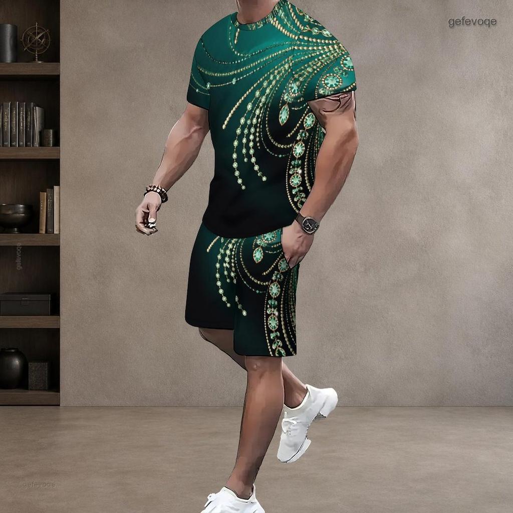 Men s Plus Size Green Black Printed Round Neck Short Sleeve Top And Drawstring Shorts Set