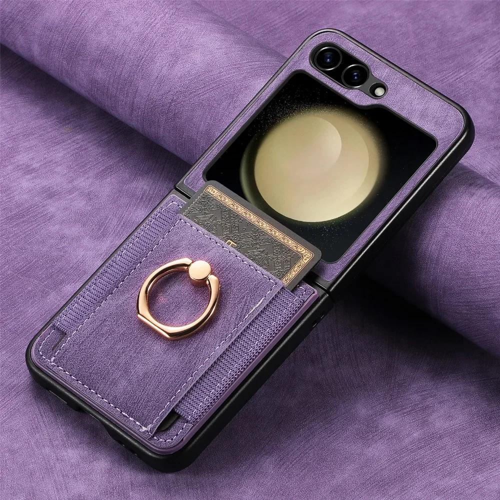 Retro PU Leather Cover for Samsung Z Flip 6 5 4 3 2 Flip6 Flip5 Flip4 Flip3 Flip2 5G Ring Card Slot Holder Wallet Phone Case