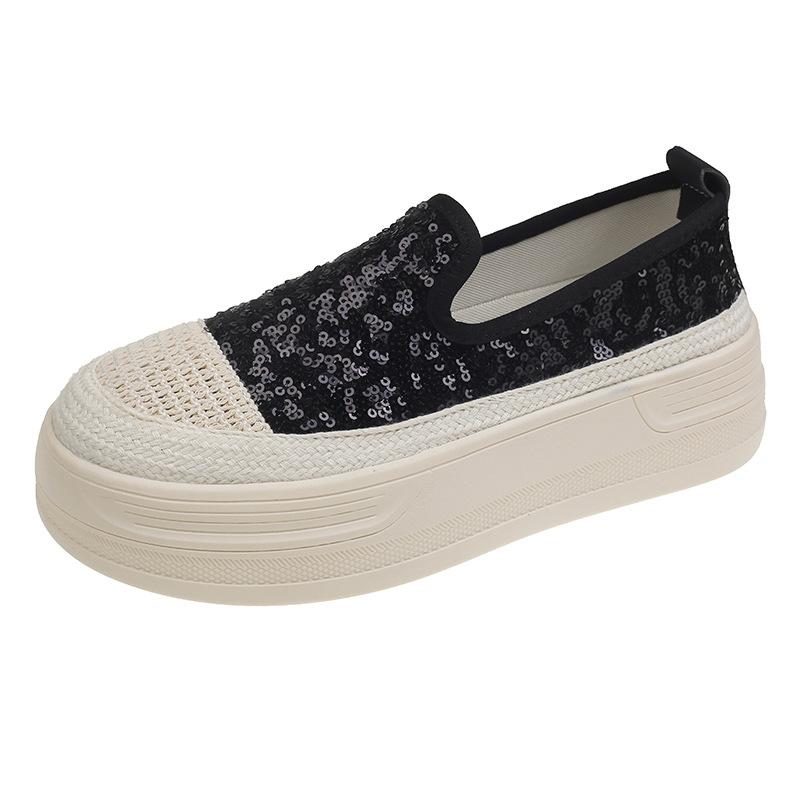 Spring 2024 New Thick-soled Sequined Fisherman Shoes Tide Korean Version of Versatile Height-increasing Women's Single Shoes Fashion Loafers Tide